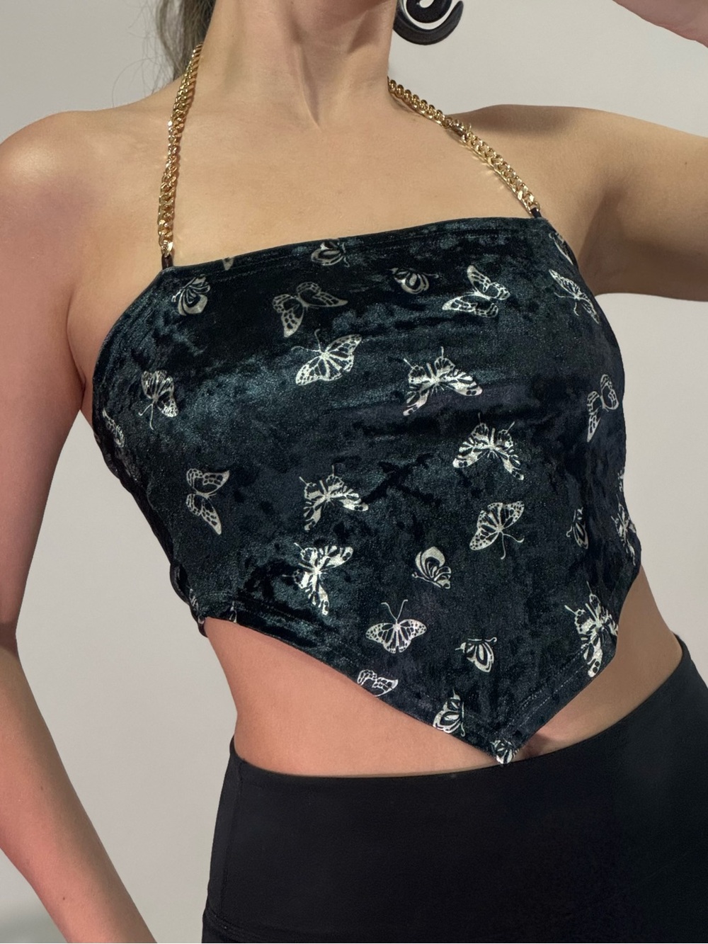 Velvet Butterfly Halter Crop Top with Gold Chain